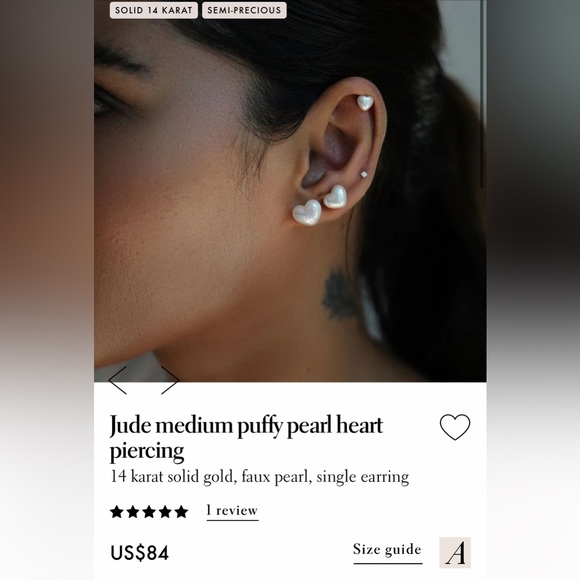 14k faux pearl puffy heart single earring piercing size medium Adornmonde - Picture 1 of 5